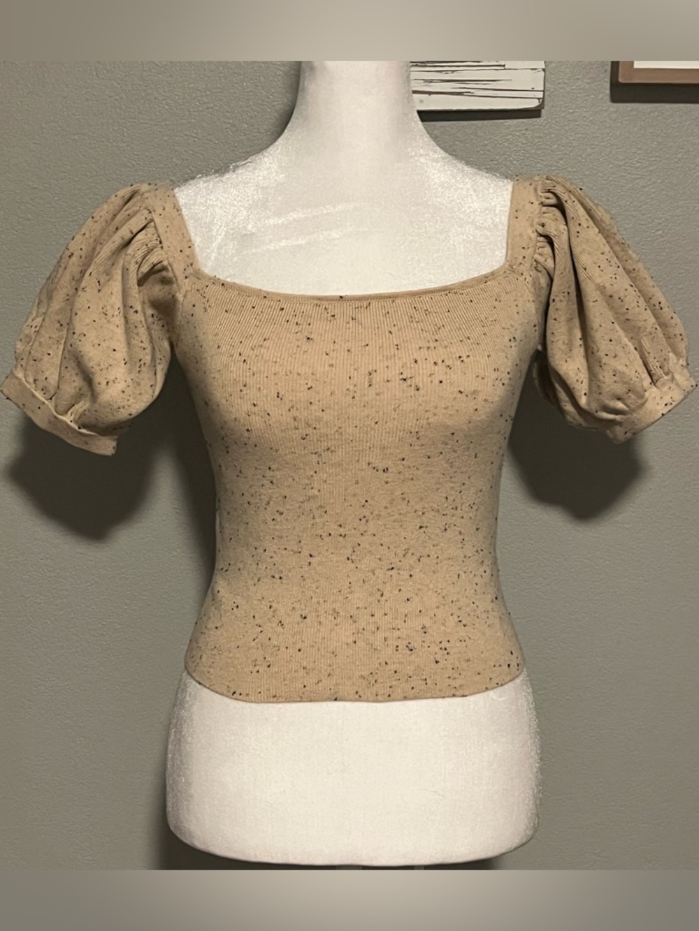 Promesa Women’s Speckled Sand Puff Sleeve Crop Top NWT stretchy ribbed